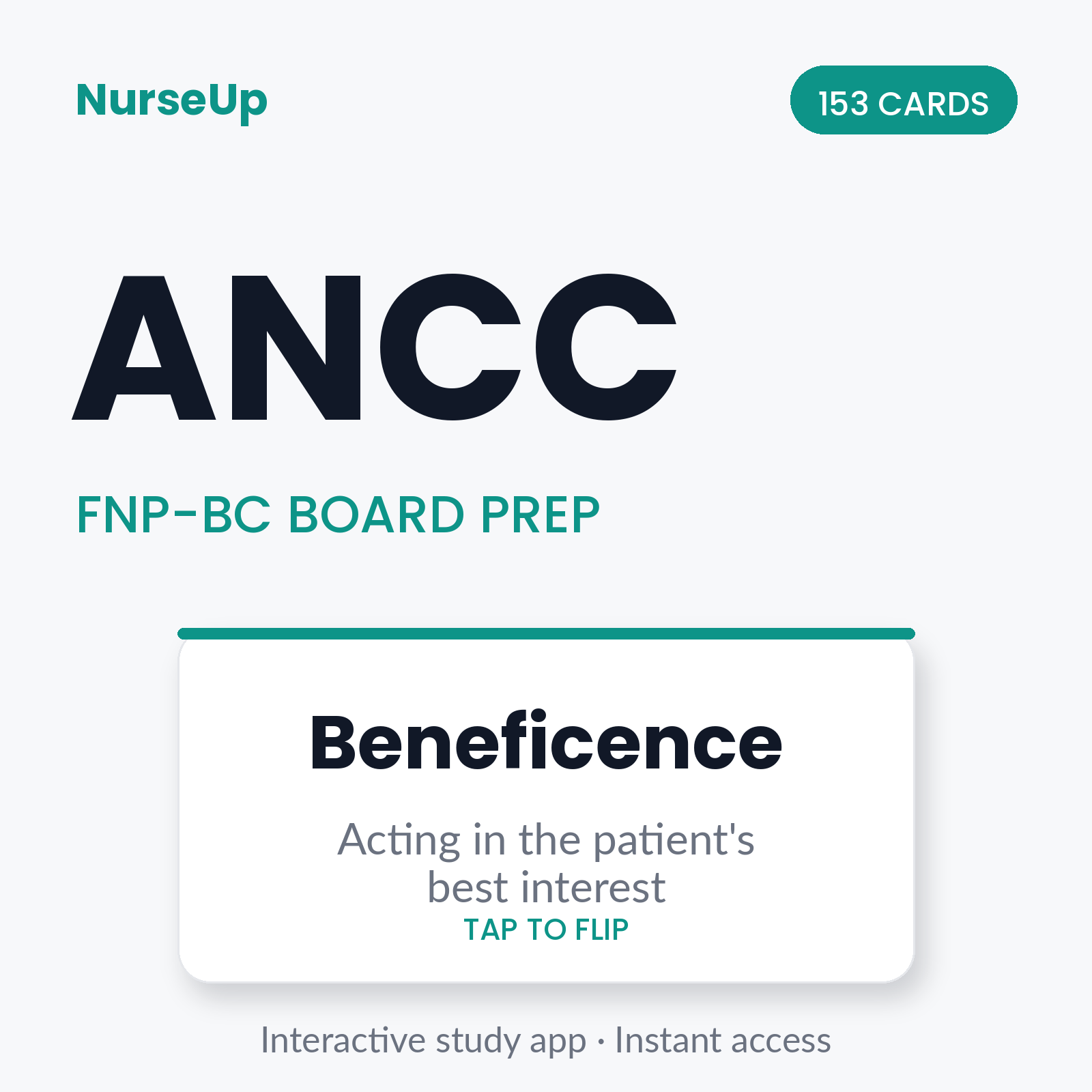 NurseUp ANCC FNP-BC Board Prep interactive flashcard study app — 153 cards